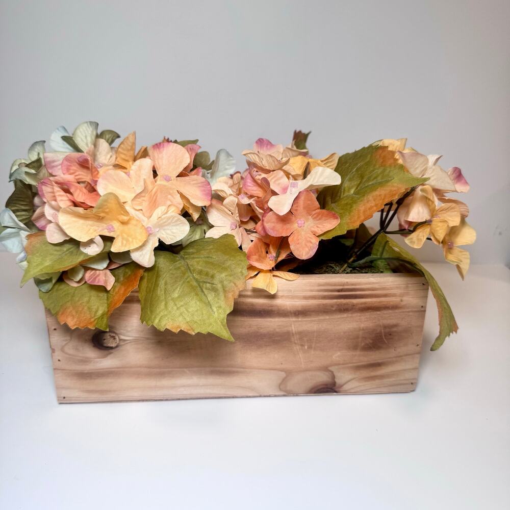 11” Silk Hydrangea Floral Centerpiece in rustic wooden planter Box